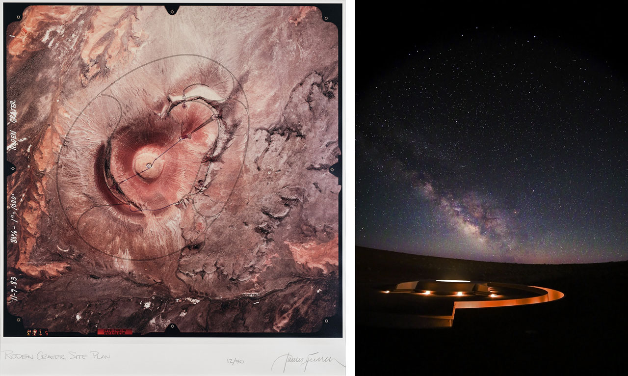 Left: James Turrell, Roden Crater Site Plan, 1983, Color carbon print, Image: 24 1/4 x 24 5/8 inches (62.2 x 62.5 cm), paper: 39 3/8 x 29 7/8 inches (100 x 75.9 cm), Edition of 50, © James Turrell, Photo: Thomas Lannes, Courtesy the artist and GagosianRight: James Turrell, Roden Crater, Arizona, 2015, © James Turrell, Photo: Klaus Brasch, Courtesy the artist and Gagosian