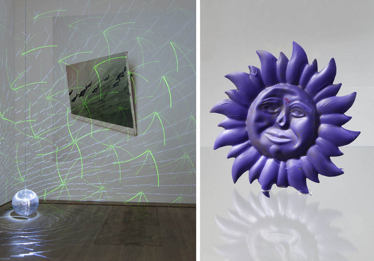 Left: Louise Lawler, No Drones [adjusted to fit), and Crazy 2010/2011, Udo and Anette Brandhorst Collection, © Louise Lawler. Courtesy of the artist, Metro Pictures, New York, and Spruth Magers. Photo: Johannes Haslinger, Bavarian State Painting Collections, Museum Brandhorst, MunichRight: Helin Alas, Dasein [Detaill, 2025, © Helin Alas. Photo: Produktion Pitz