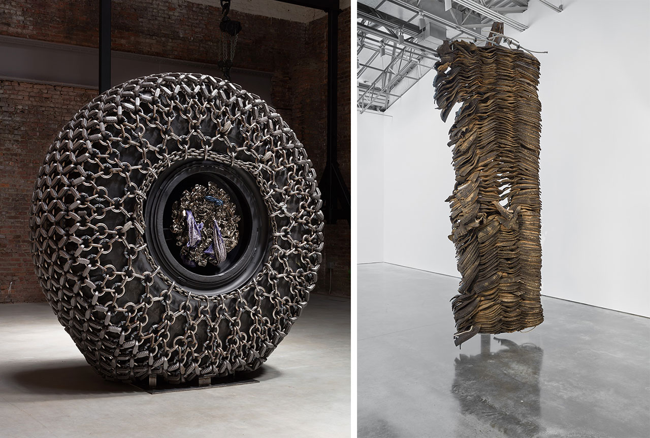 Left: Arthur Jafa, Big Wheel II, 2018, chains, rim, hubcap, and tire, 91 × 91 × 37 inches (231.1 × 231.1 × 94 cm), private collection © Arthur JafaRight: Richard Prince, Folk Songs, 2006, steel and rubber, overall: 246 × 66 × 48 inches (624.8 × 167.6 × 121.9 cm), installation view, Gladstone Gallery, New York, private collection © Richard Prince