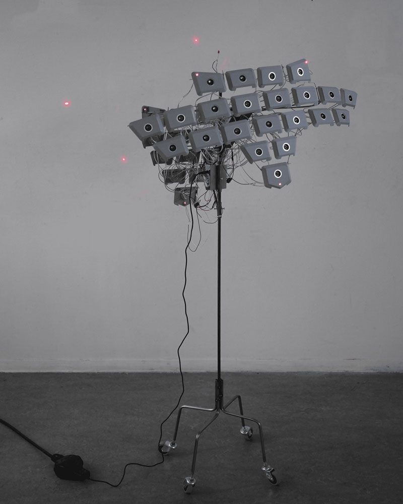 Pau Redó, DEFENDING (FROM) THE BIG OTHER,2025, Steel, PLA, cables and electronics (Arduino Uno board, transducer, amplifier), 700x1600x700mm © Photo: Pau Redó