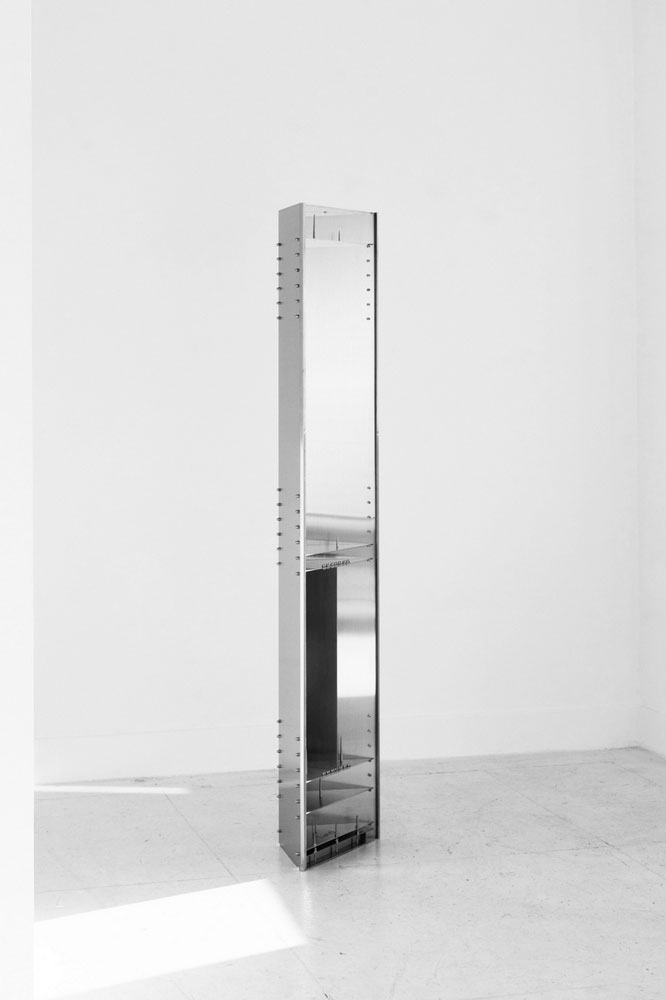Sun Ho Lee, GaaK Shelf & a Module, 2025,, brushed stainless steel, 230x230x1800mm, © Photo: Giseok Kim