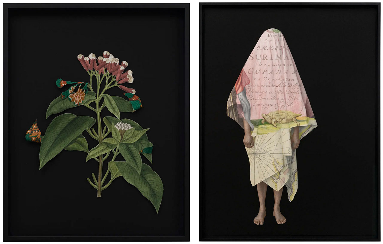 Left : Ishita Chakraborty, Where The Wild Things Roam XXII, Clove, 2026, Acrylic on canvas pasted on cotton saree fabric, 48 x 36 cm (19 x 14 ¼ in.), 55.5 x 43.5 cm (21 ¾ x 17 ¼ in.), framedRight: Ishita Chakraborty, I Recall the Forest Inside Me XII, 2026, Hand colored archival pigment print on Hahnemühle agave paper, 98.6 x 73.9 cm (38 ¾ x 29 in.), 103 x 78 cm (40 ½ x 30 ¾ in.), framed