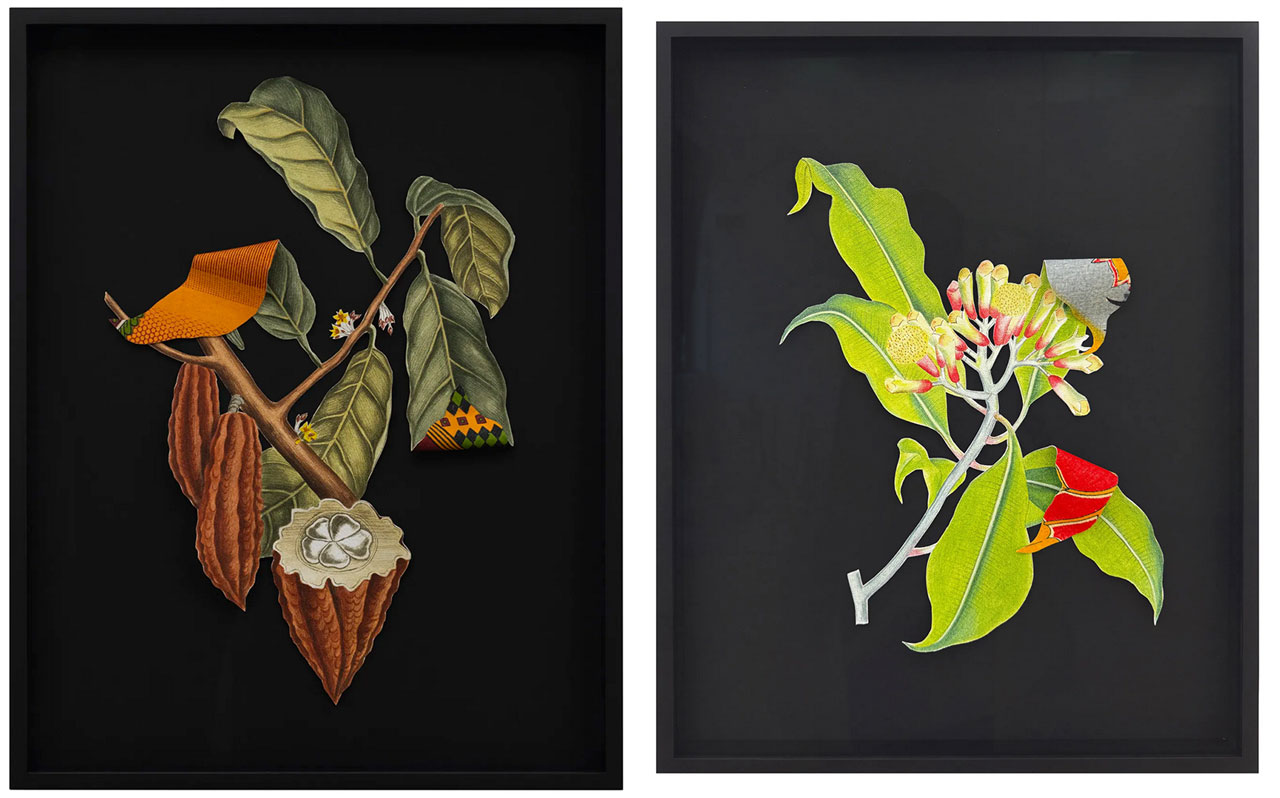 Left : Ishita Chakraborty, Where The Wild Things Roam XXVII, Cacao, 2026 . Acrylic on canvas pasted on cotton saree fabric, 48 x 36 cm (19 x 14 ¼ in.), 55.5 x 43.5 cm (21 ¾ x 17 ¼ in.), framedRight: Ishita Chakraborty, Where The Wild Things Roam XXIII, Clove III, 2026, Acrylic on canvas pasted on cotton saree fabric, 48 x 36 cm (19 x 14 ¼ in.), 55.5 x 43.5 cm (21 ¾ x 17 ¼ in.), framed