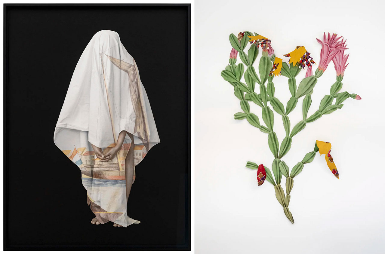 Left : Ishita Chakraborty, I Recall the Forest Inside Me XI, 2026 , Hand colored archival pigment print on Hahnemühle agave paper, 98.6 x 73.9 cm (38 ¾ x 29 in.), 103 x 78 cm (40 ½ x 30 ¾ in.), framedRight: Ishita Chakraborty, Where The Wild Things Roam XXXX, Cactus, 2026, Acrylic on canvas pasted on cotton Saree fabric, 184 x 140 cm (72 ½ x 55 in.) unframed