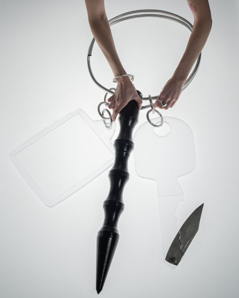 Leonie Holtkamp, Key ring – Get Home Safe Series, 2025, Aluminium, stainless steel, acrylic glass, PLA, paint, 1200x500x200mm© Photo: Emma Luise Egger