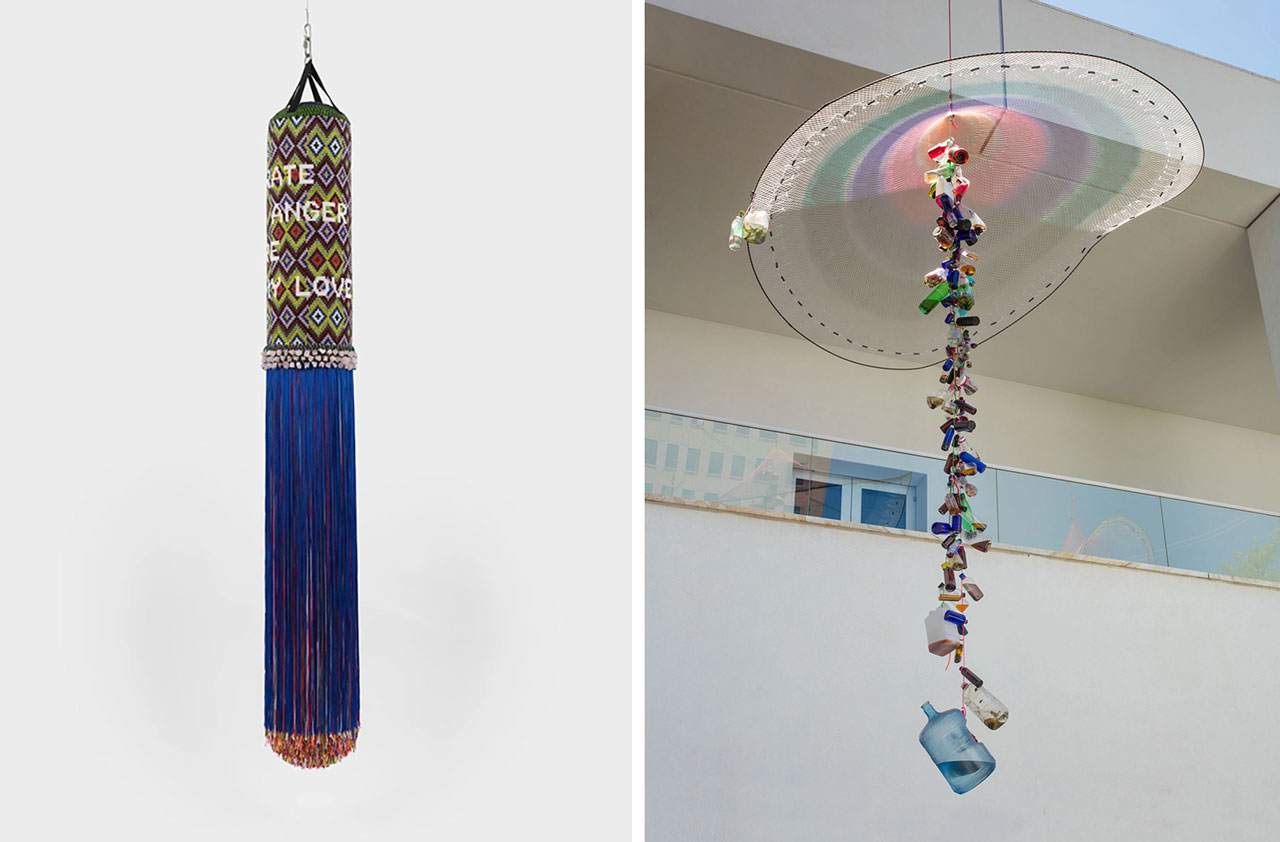 Left: Jeffrey Gibson, YOU LIBERATE MY ANGER MY DESIRE MY LOVE (2026), found punching bag, expanding foam, acrylic felt, glass beads, artificial sinew, rose quartz crystal, plastic sequins, nylon fringe, nylon thread, Courtesy of the Artist and Hauser & WirthRight: Carolina Caycedo, To Drive Away Whiteness/Para alejar la blancura (2017), hand dyed fishing net, lead weights, paracord, plastic bottles, aloe, banknotes, seeds, chili peppers, achiote, sand, dried kelp seeds, water (Pacific Ocean, Fraser River, Capilano River), hibiscus, black beans, green and jasmine tea, stones, glass, marbles, paper, Collection of the Hammer Museum, Los Angeles, Purchased through the Board of Advisors Acquisition Fund, AH.2018.39.1