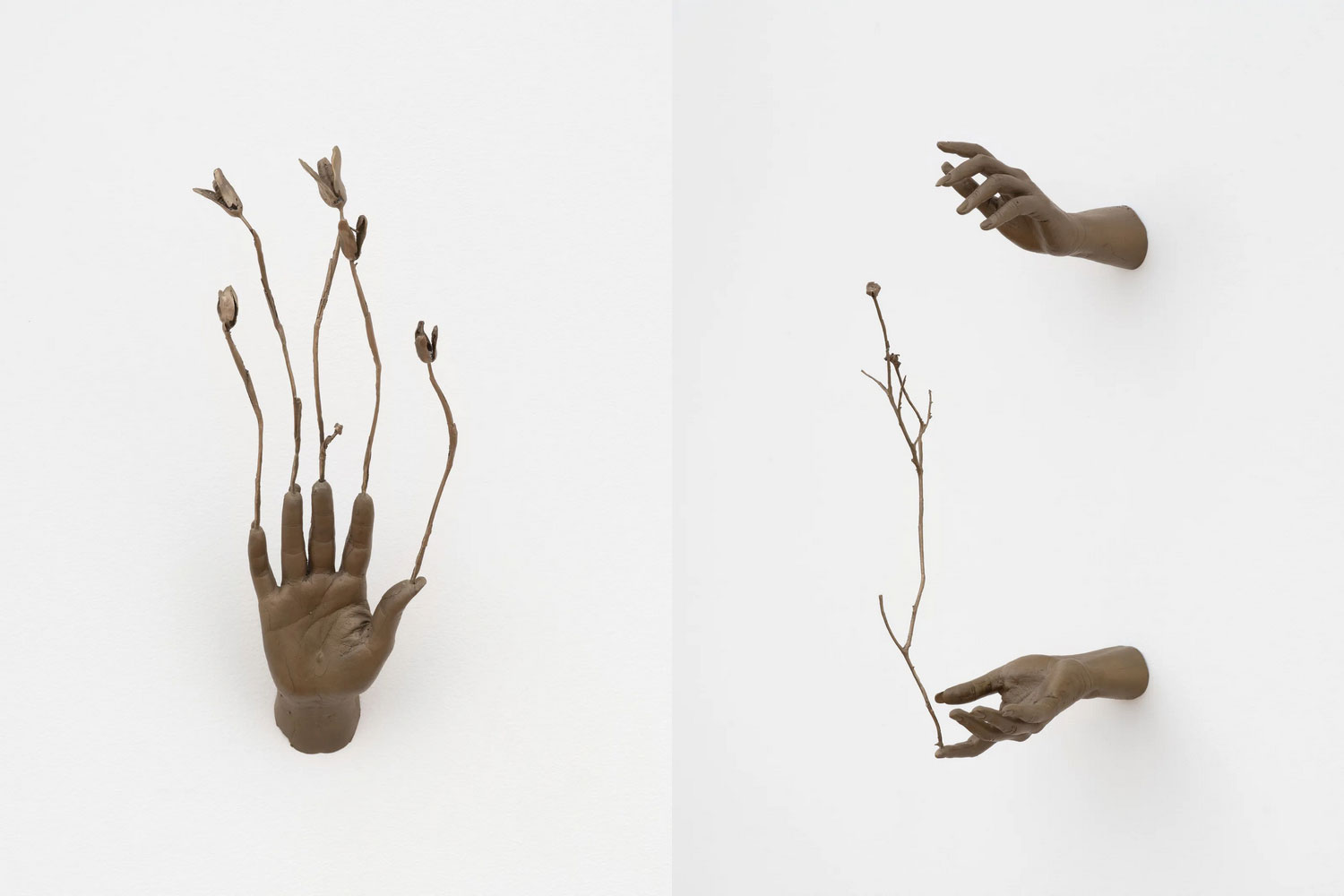 Left: : Kelly Akashi, Witness (Highview), 2026 Lost-wax and burn-out cast bronze40 x 12.7 x 22.2 cm, © Kelly Akashi, Courtesy the artist and Lisson Gallery Right: Kelly Akashi, Witness (Highview), 2026 Lost-wax and burn-out cast bronze 52.1 x 11.4 x 22.9 cm58.4 x 22.9 x 22.9 cm, © Kelly Akashi, Courtesy the artist and Lisson Gallery