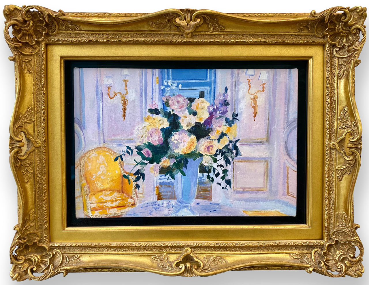 Karen Kilimnik, a world of perfection, the hotel de Paris, Monte Carlo, 2015, Water soluble oil color on canvas, Image 20.5 x 30.5 cm / 8 x 12 in, Frame 34 x 44 x 9.5 cm / 13 3/8 x 17 3/8 x 3 3/4 in, © Karen Kilimnik, Courtesy the artist and Galerie Eva Presenhuber