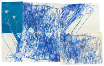 Sterling Ruby, GHOSTS (9180), 2026, Watercolor, cyanotype, and mixed-media collage on paper, 16 1/4 x 26 inches (41.3 x 66 cm), © Sterling Ruby, Photo: Sterling Ruby Studio, Courtesy the artist and Gagosian