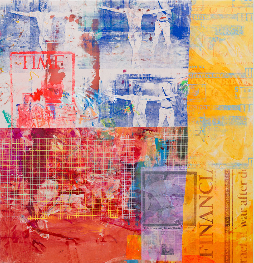 Mandy El-Sayeg, Compositional, 2026,Oil and acrylic on canvas with silkscreened elements, 168 x 160 cm (66.13 x 63 in), © Mandy El-Sayeg, Courtesy the artist and Thaddaeus Ropac Gallery