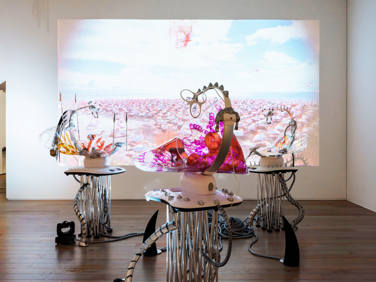 Katja Novitskova, Pattern of Activation (Mamaroo nursery, dawn chorus) Date of origin: 2017, Installation view Labouring Bodies at Museum Tinguely, Basel, 2026, 3 electronic baby swings, 3 aluminium folding stands, plastic cable covers, lasers, epoxy clay, digital print on polyurethane resin, robotic bugs, cable ties, plastic toy parts, foam stress pills, elastic puffers, plastic drill plugs, silicone stress eggs, fossils, tree mushrooms, magnets, programmable rotating light heads, custom speakers, and sound installation (sound piece by Kareem Lotfy), video projection file (dimensions variable), electric cords, Dimensions variable, site specific, © Katja Novitskova, Courtesy the artist and Kraupa-Tuskany Zeidler, Berlin/Munich, Photo Credit: 2026 Museum Tinguely, Basel; Pati Grabowicz
