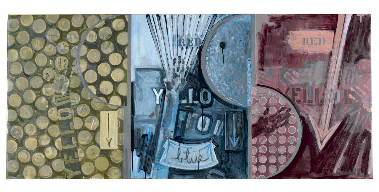Jasper Johns, Untitled (Red, Yellow, Blue), 1998, Acrylic over intaglio mounted on canvas, 86.4 x 191.8 cm, Collection of the artist, © Jasper Johns, VEGAP, Bilbao, 2026