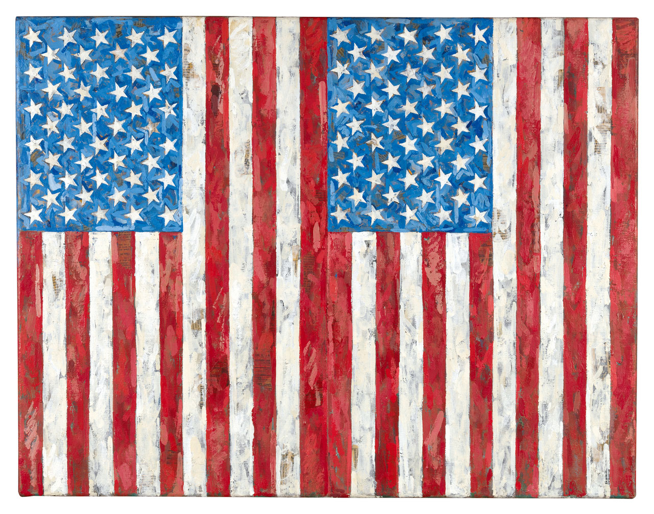 Jasper Johns, Flags, 1987, Encaustic and collage on canvas, 65.5 x 83.8 cm, Collection of the artist, © Jasper Johns, VEGAP, Bilbao, 2026
