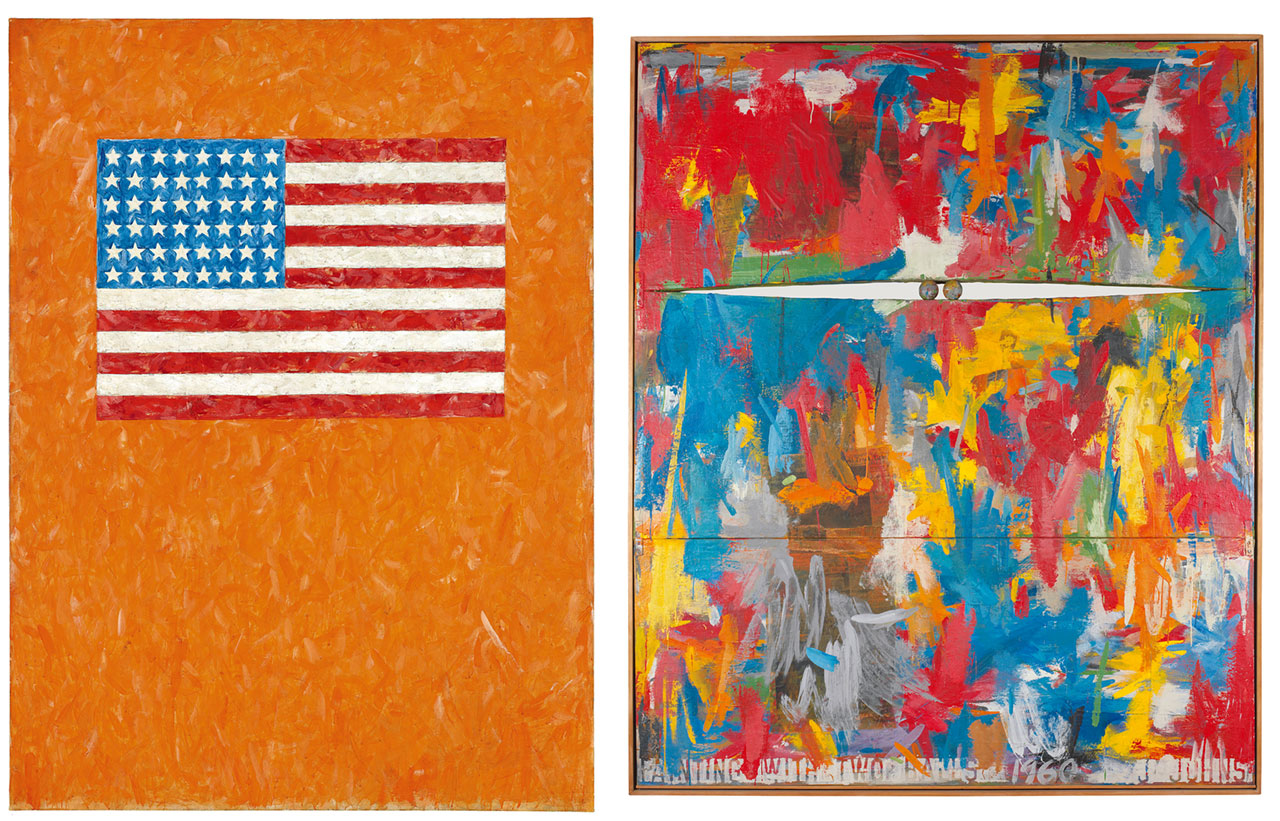 Left: Jasper Johns, Flag on Orange Field, 1957, Encaustic on canvas, 167.6 x 123.8 cm, Museum Ludwig, Cologne, Gift, Ludwig Collection, 1976, © Jasper Johns, VEGAP, Bilbao, 2026 Right: Jasper Johns, Painting with Two Balls, 1960, Encaustic and collage on canvas with objects (3 panels), 165.1 x 137.5 cm, Collection of the artist, © Jasper Johns, VEGAP, Bilbao, 2026
