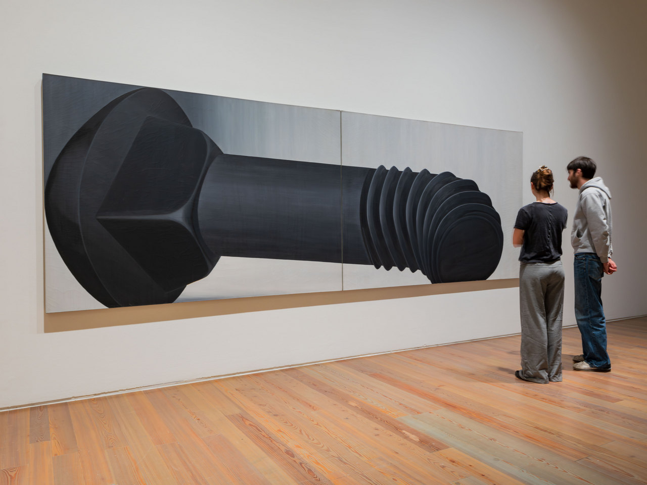 Lee Lozano, untitled, ca. 1964, Installation view Labouring Bodies at Museum Tinguely, Basel, 2026, Oil on canvas, 2 panels, 168,5 × 488 × 5,2 cm, © The Estate of Lee Lozano, Courtesy Hauser & Wirth Creditline: Private collection. Courtesy Hauser & Wirth Collection Services, Photo Credit: 2026 Museum Tinguely, Basel; Pati Grabowicz