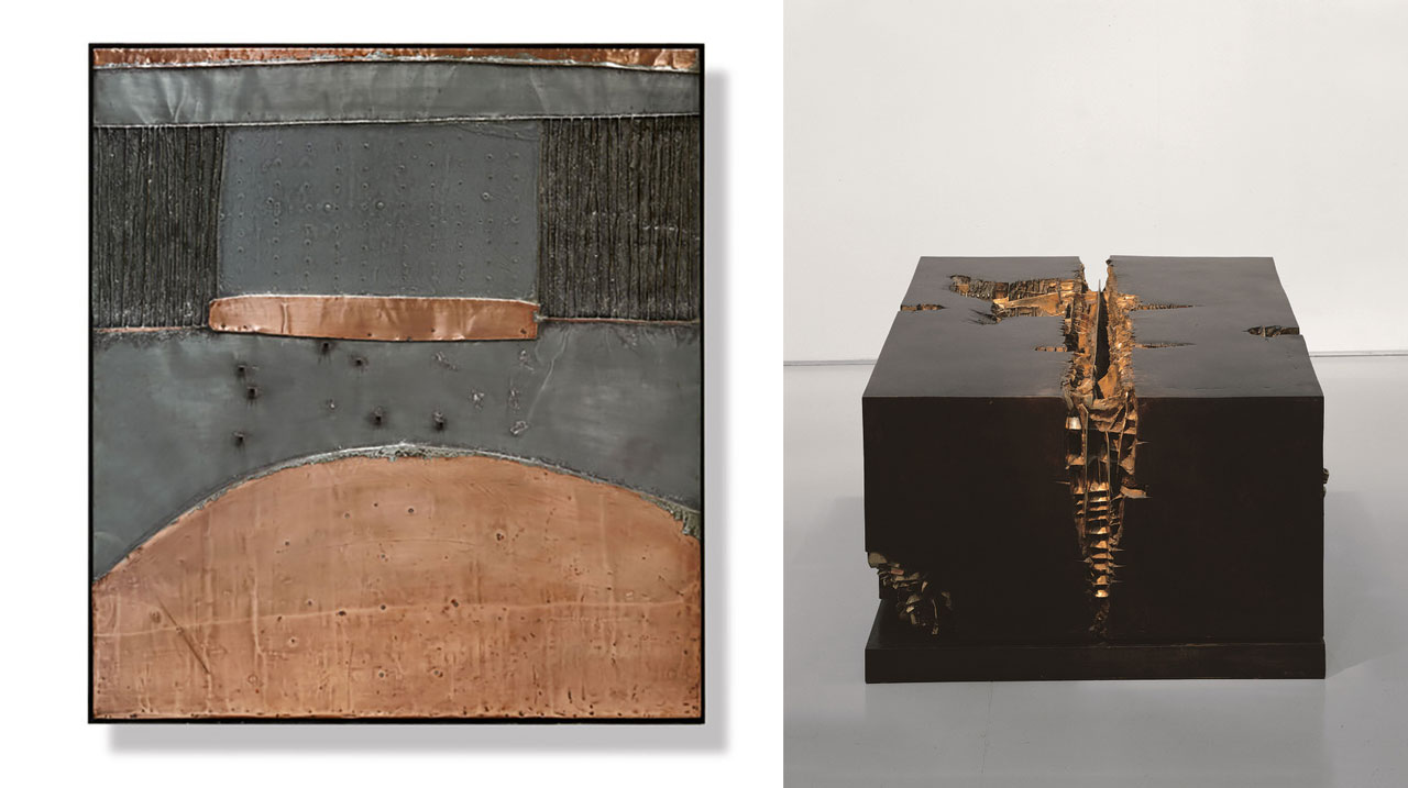 Left: Arnaldo Pomodoro, La macchina del tempo, 1958, lead, copper, zinc and tin, 160 × 145 cm, Collezione Fondazione Arnaldo Pomodoro, Milano, Photo Dario Tettamanzi. Courtesy Fondazione Arnaldo Pomodoro, Milano Right: Arnaldo Pomodoro, Il cubo, 1961-1962, bronze, 59 × 109 × 109 cm, Collezione Fondazione Arnaldo Pomodoro, Milano, Photo Aurelio Barbareschi. Courtesy Fondazione Arnaldo Pomodoro, Milano