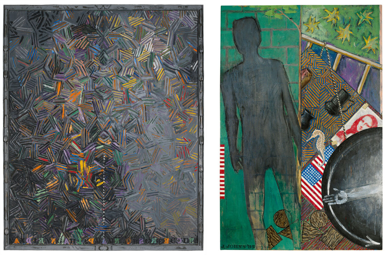 Left: Jasper Johns, Slice, Dancers on a Plane, 1980–81, Oil on canvas with painted bronze frame, 200 x 161.9 cm, Tate, London. Purchased 1981, © Jasper Johns, VEGAP, Bilbao, 2026 Right: Jasper Johns, Summer, 1985, Encaustic on canvas, 190.5 x 127 cm, The Museum of Modern Art, New York, Gift of Philip Johnson, 1998, © Jasper Johns, VEGAP, Bilbao, 2026