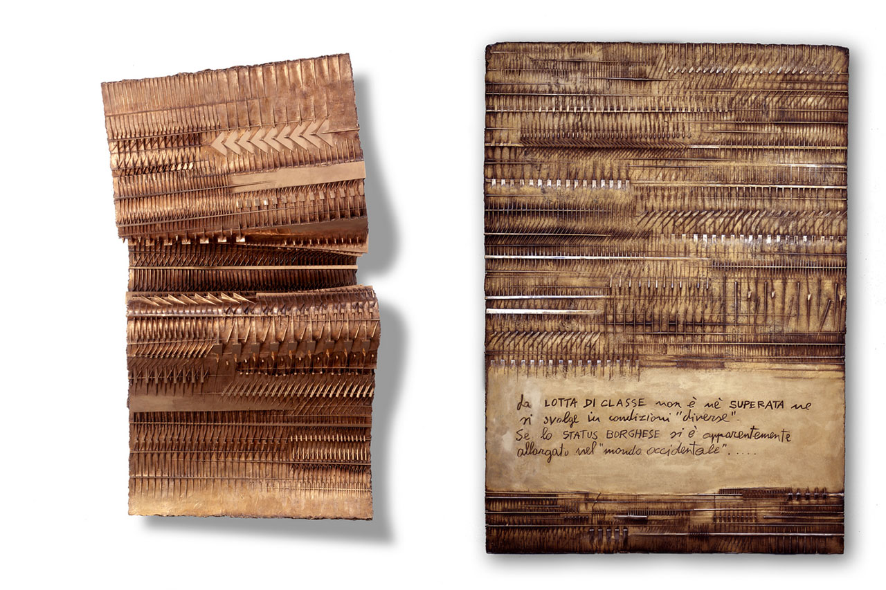 Left: Arnaldo Pomodoro, Papiro, III, 1985-1986, bronze, 227 × 110 × 50 cm, Collezione Fondazione Arnaldo Pomodoro, Milano, Photo Dario Tettamanzi. Courtesy Fondazione Arnaldo Pomodoro, Milano Right: Arnaldo Pomodoro, Cronaca 7: Gastone Novelli, 1976, bronze, 100 × 70 cm, Collezione Fondazione Arnaldo Pomodoro, Photo Aurelio Barbareschi. Courtesy Fondazione Arnaldo Pomodoro, Milano