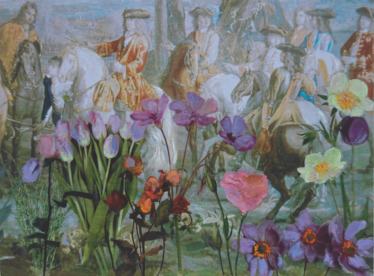 Karen Kilimnik, the Field Marshall, the start of a glittering campaign, 2026, Water soluble oil, acrylic, rhinestones and archival pigment print on primed Canvas, 33 x 45.5 cm / 13 x 18 in, © Karen Kilimnik, Courtesy the artist and Galerie Eva Presenhuber