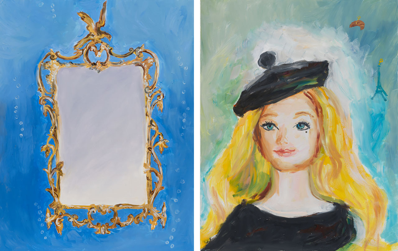 Left: Karen Kilimnik, the mirror of the Indian Ocean, 2015, Water soluble oil color on canvas, 45.5 x 35.5 x 2 cm / 18 x 14 x 3/4 in, © Karen Kilimnik, Courtesy the artist and Galerie Eva Presenhuber Right: Karen Kilimnik,, Miss France, the Mastermind, 2026, Water soluble oil color on canvas, 45.5 x 35.5 cm / 18 x 14 in, © Karen Kilimnik, Courtesy the artist and Galerie Eva Presenhuber