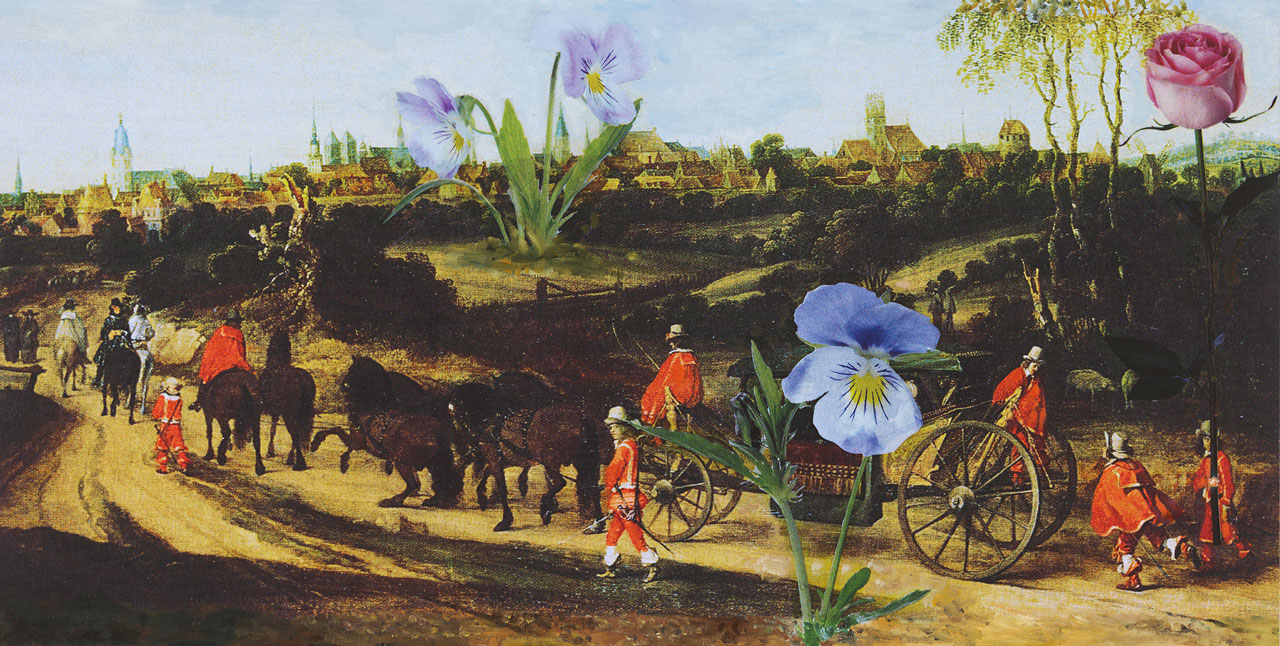 Karen Kilimnik, the procession, Flower rulers village, the city, 2026, Water soluble oil, acrylic and archival pigment print on primed canvas, 38 x 77.5 cm / 15 x 30 1/2 in, © Karen Kilimnik, Courtesy the artist and Galerie Eva Presenhuber