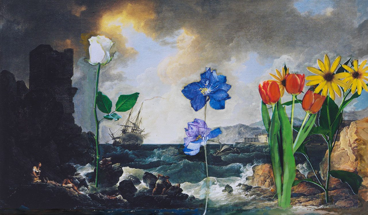 Karen Kilimnik, shipwrecked on Flower Island, 2026, Water soluble oil, acrylic and archival pigment print on primed canvas, 35.5 x 61 cm / 14 x 24 in, © Karen Kilimnik, Courtesy the artist and Galerie Eva Presenhuber