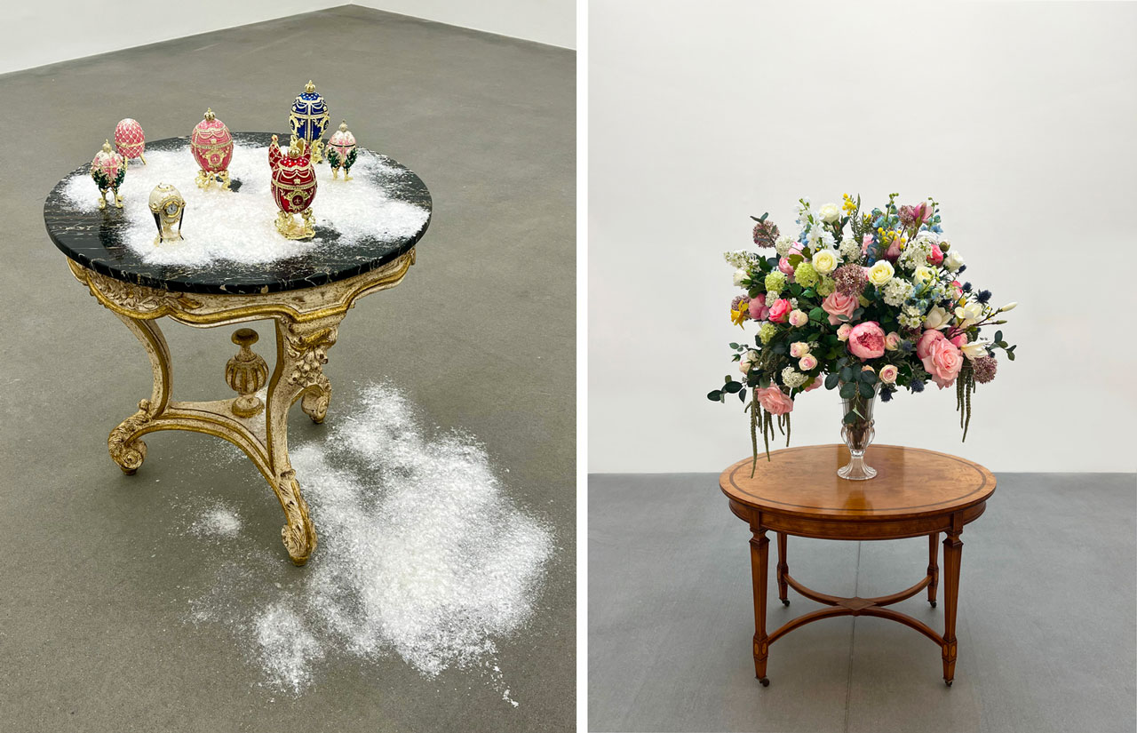 Left: Karen Kilimnik, Russian Winter, 2026, Painted and guilded italian side table with marble plate, 8 Fabergé, eggs, table, artificial snow, Dimensions variable, Sculpture 85.5 x ø 71 cm / 33 5/8 x ø 28 in, © Karen Kilimnik, Courtesy the artist and Galerie Eva Presenhuber Right: Karen Kilimnik, flower Bouquet Mt Olympus, 2026, Artificial flowers in glass vase on ancient victorian table, Approx. 180 x 110 x 110 cm / 70 7/8 x 43 1/4 x 43 1/4 in, © Karen Kilimnik, Courtesy the artist and Galerie Eva Presenhuber