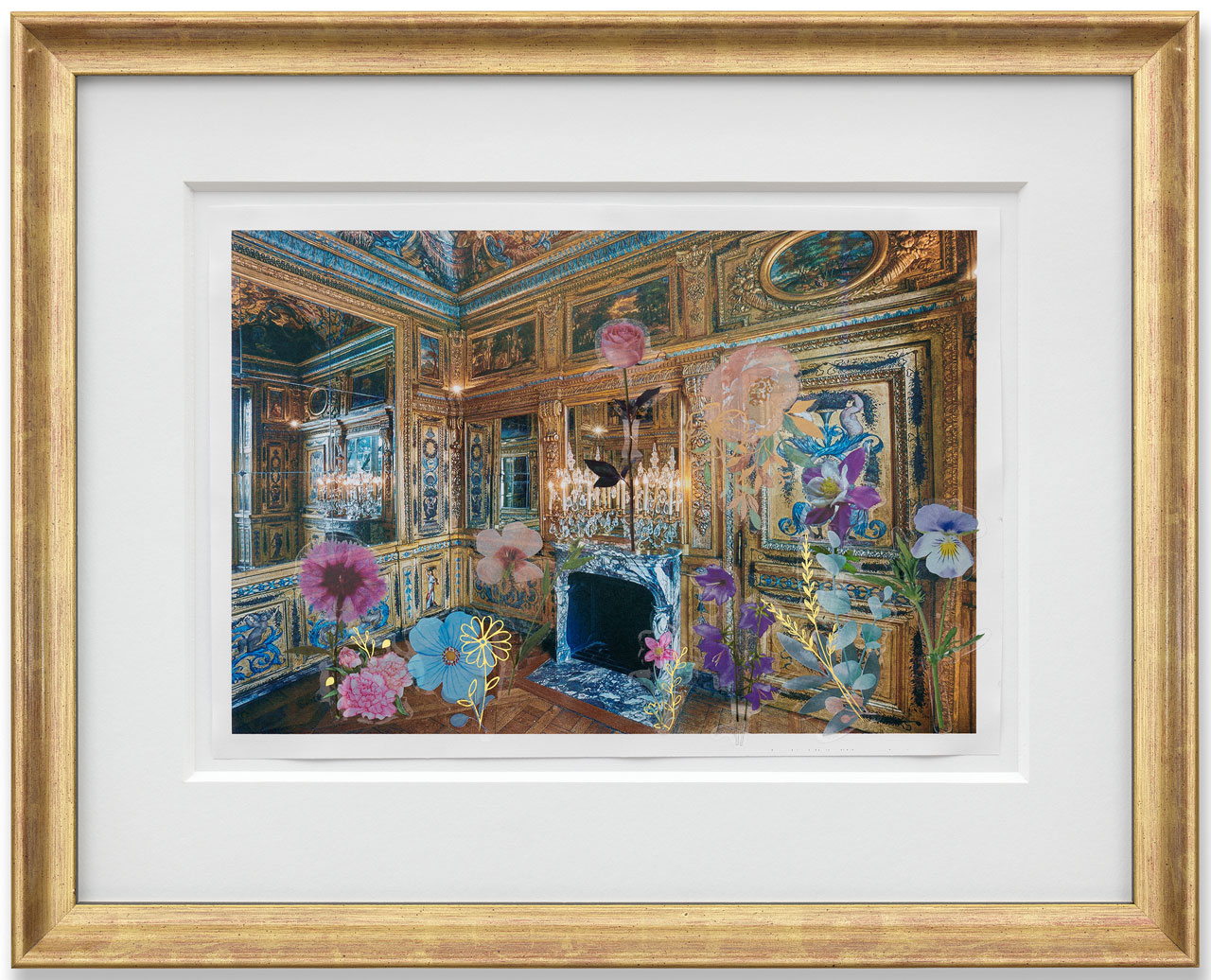 Karen Kilimnik, our leader, the Rose, the Mastermind, secret meeting, Paris, 2025, Collage with adhesive stickers on color xerox, Sheet 19 x 27.5 cm / 7 1/2 x 10 3/4 in, Frame 33 x 40.5 x 3 cm / 13 x 16 x 1 1/8 in, © Karen Kilimnik, Courtesy the artist and Galerie Eva Presenhuber