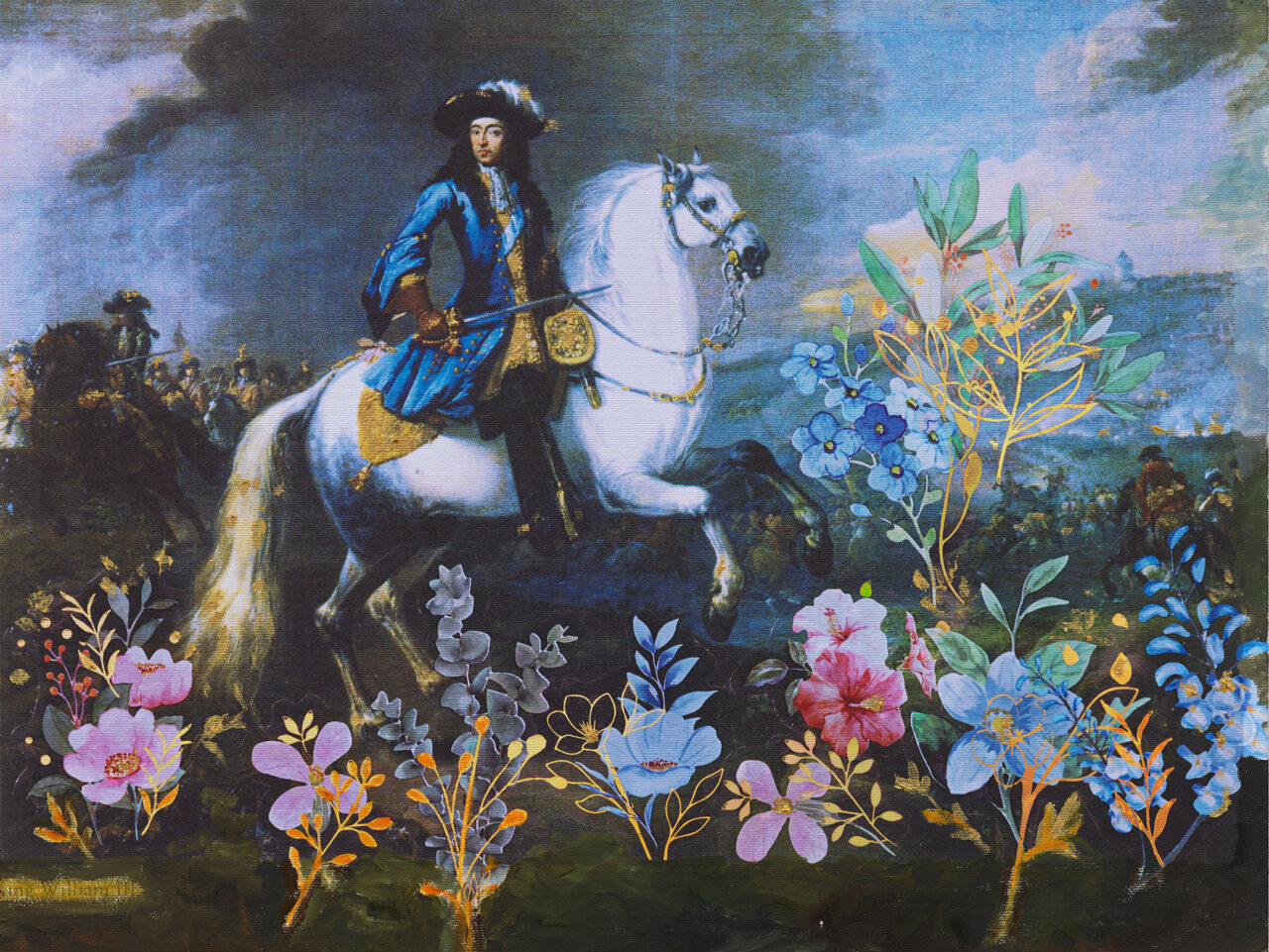 Karen Kilimnik, the battle of Flower Lane, 2026, Water soluble oil, acrylic and archival pigment print on primed canvas, 35.5 x 45.5 cm / 14 x 18 in, © Karen Kilimnik, Courtesy the artist and Galerie Eva Presenhuber