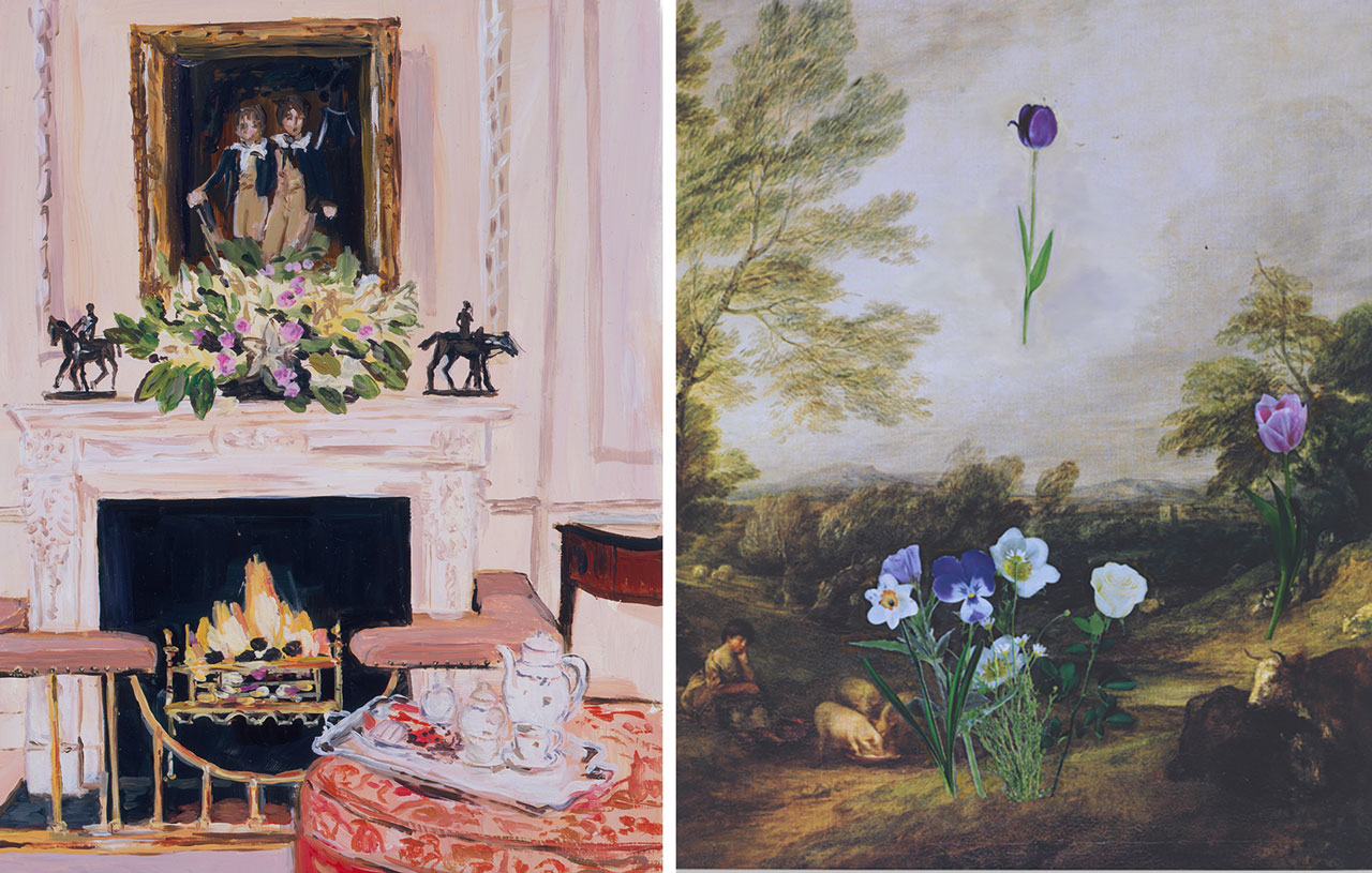 Left: Karen Kilimnik, The Egerton House hotel, London - tea time, 2007 Water soluble oil color on canvas, 30.5 x 23 cm / 12 x 9 in, © Karen Kilimnik, Courtesy the artist and Galerie Eva Presenhuber Right: Karen Kilimnik, The Queen of the tulips, 2026, Water soluble oil, acrylic and archival pigment print on primed canvas, 76 x 62 cm / 30 x 24 1/2 in, © Karen Kilimnik, Courtesy the artist and Galerie Eva Presenhuber