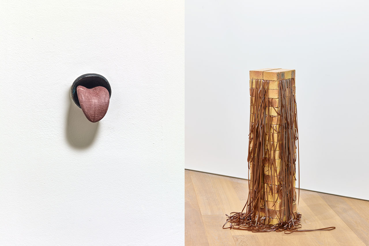 Left: Mel Chin, Shape of a Lie, 2005, Mudam Luxembourg Collection – Musée d’Art Moderne Grand-Duc Jean Acquisition 2011, Exhibition view Double Coding. Collection Mudam, Mudam Luxembourg, 17.06–10.09.2017, Photo: Rémi Villaggi © Mudam Luxembourg Right: Sarkis, La Sculpture Verticale en Brique et Bandes Magnétiques, 1984, Mudam Luxembourg Collection –Musée d’Art Moderne Grand-Duc Jean, Deposit 2006 – Collection M.J.S., Paris, Exhibition view Les 25 ans de la Collection Mudam, Mudam Luxembourg, 21.11.2020–29.05.2023, Photo: Rémi Villaggi © Mudam Luxembourg