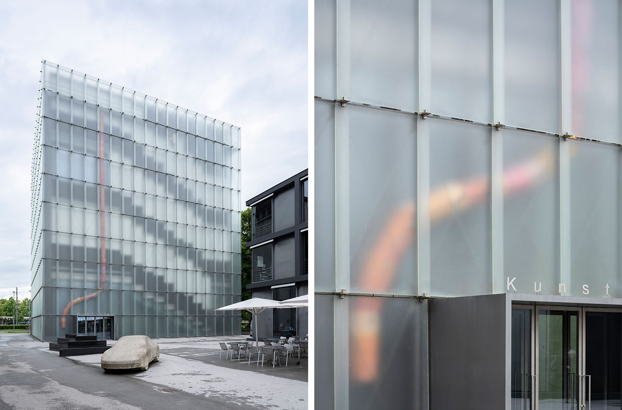 Cyprien Gaillard, When you expect flutes, it’s whistles, Installation view facade Kunsthaus Bregenz, 2026 Chute, 2026, Photo: Timo Ohler, © Cyprien Gaillard, Kunsthaus Bregenz, Courtesy of the artist, Sprüth Magers, Gladstone Gallery