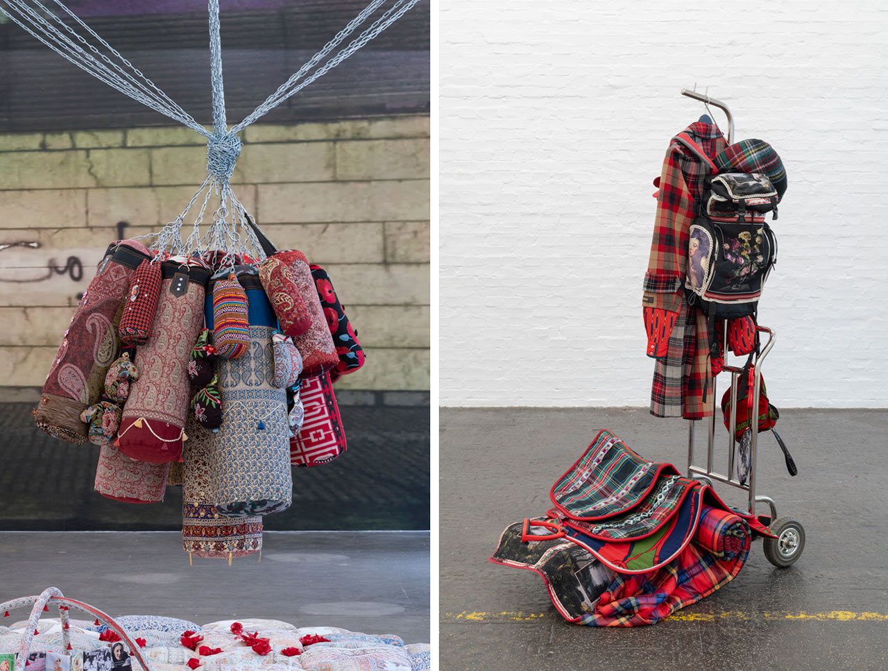 Left: Chalisée Naamani, Bunch of Flowers, 2025. Photo: Kunst Halle Sankt Gallen, E. Sommer. Courtesy: Collezione E.Righi Right: Chalisée Naamani, La liberté guidant le peuple, 2025, Photo: Kunst Halle Sankt Gallen, E. Sommer. Courtesy: the artist and Ciaccia Levi, Paris/Turin