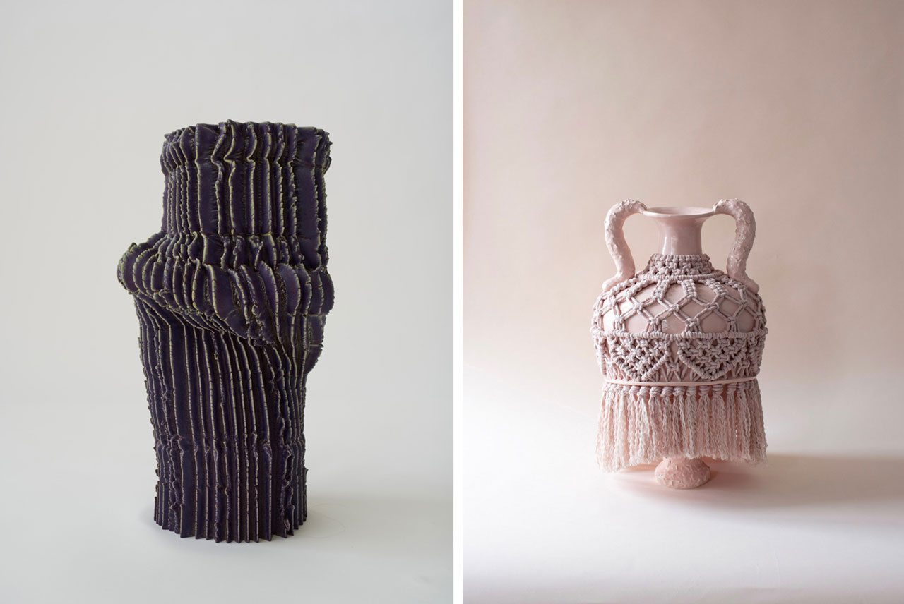 Left: Anton Alvarez, 1806261800, 2026, Stoneware clay, spray paint, H: 185 cm, Diameter top: 50 and 650 cm. Diameter bottom: 140 and 80 cm., Photo credit: Carl Kleiner, © Anton Alvarez Right: Fanny Ollas, Chained, 2026, Glazed terracotta clay, metal rings and chains, Ca 55x30 cm © Fanny Ollas