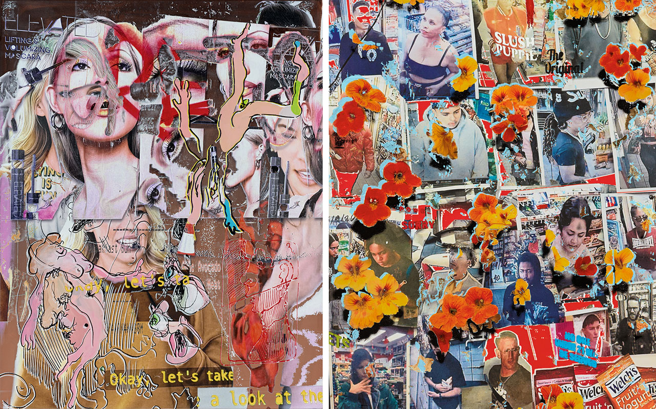 Left: Urs Fischer, Blondies & Brownies, 2026, Gesso, latex, acrylic paint, alcohol ink, and modeling paste on canvas, 66 x 52 inches (167.6 x 132.1 cm), © Urs Fischer, Courtesy of the artist and Gagosian Right: Urs Fischer, Slush Puppie (detail), 2026, Gesso, latex, acrylic paint, alcohol ink, and modeling paste on canvas, 88 x 110 inches (223.5 x 279.4 cm), © Urs Fischer, Courtesy of the artist and Gagosian
