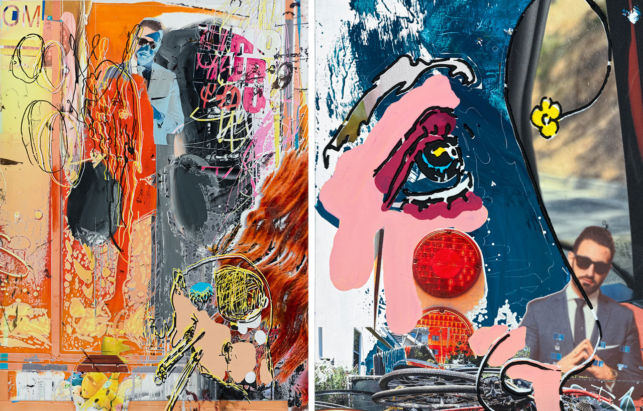 Left: Urs Fischer, Who Hurt You, 2026, Gesso, latex, acrylic paint, alcohol ink, and modeling paste on canvas, 80 x 60 inches (203.2 x 152.4 cm), © Urs Fischer, Courtesy of the artist and Gagosian Right: Urs Fischer, Airbag (detail), 2026, Gesso, latex, acrylic paint, alcohol ink, and modeling paste on canvas, 52 x 42 inches (132.1 x 106.7 cm), © Urs Fischer, Courtesy of the artist and Gagosian