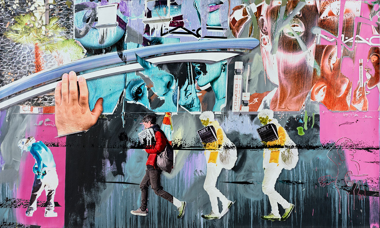 Urs Fischer, Quadruple Elvis, 2026, Gesso, latex, acrylic paint, alcohol ink, and modeling paste on canvas, 66 x 110 inches (167.6 x 279.4 cm), © Urs Fischer, Courtesy of the artist and Gagosian