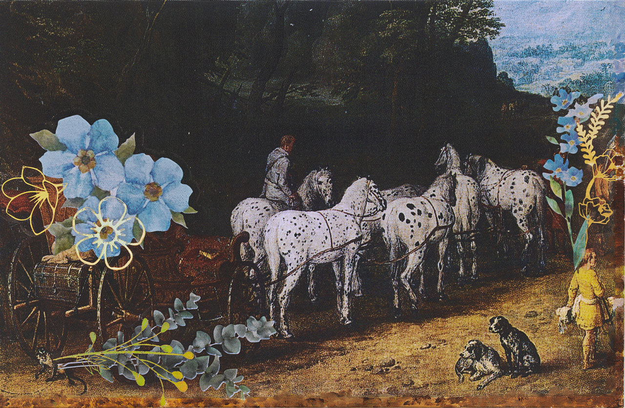 Karen Kilimnik, the flower harvest, fairyland, 2025, Water soluble oil, acrylic and archival pigment print on primed canvas, 25.5 x 38 cm / 10 x 15 in, © Karen Kilimnik, Courtesy the artist and Galerie Eva Presenhuber