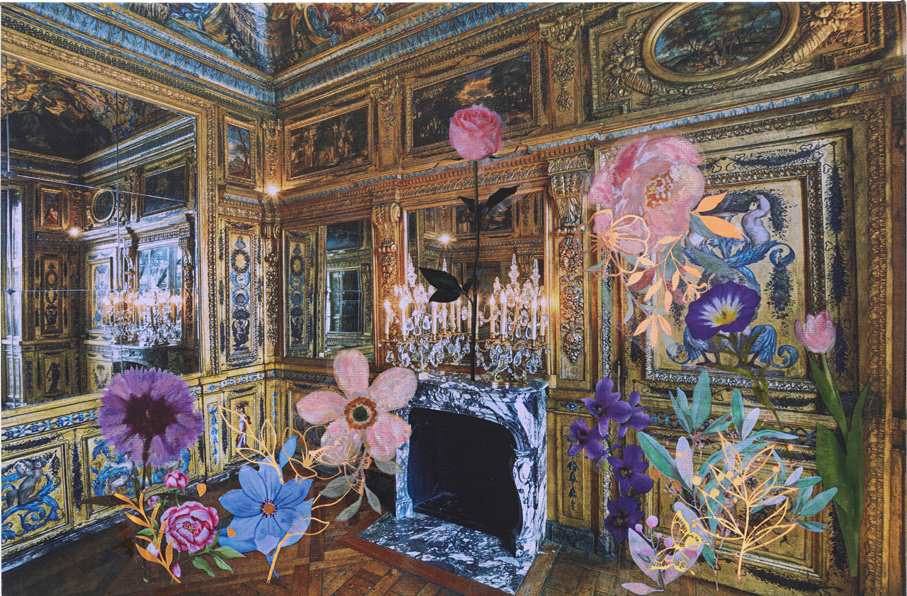 Karen Kilimnik, speech by the rose, the mastermind, 2026, Water soluble oil, acrylic and archival pigment print on primed canvas, 30.5 x 45.5 cm / 12 x 18 in, © Karen Kilimnik, Courtesy the artist and Galerie Eva Presenhuber