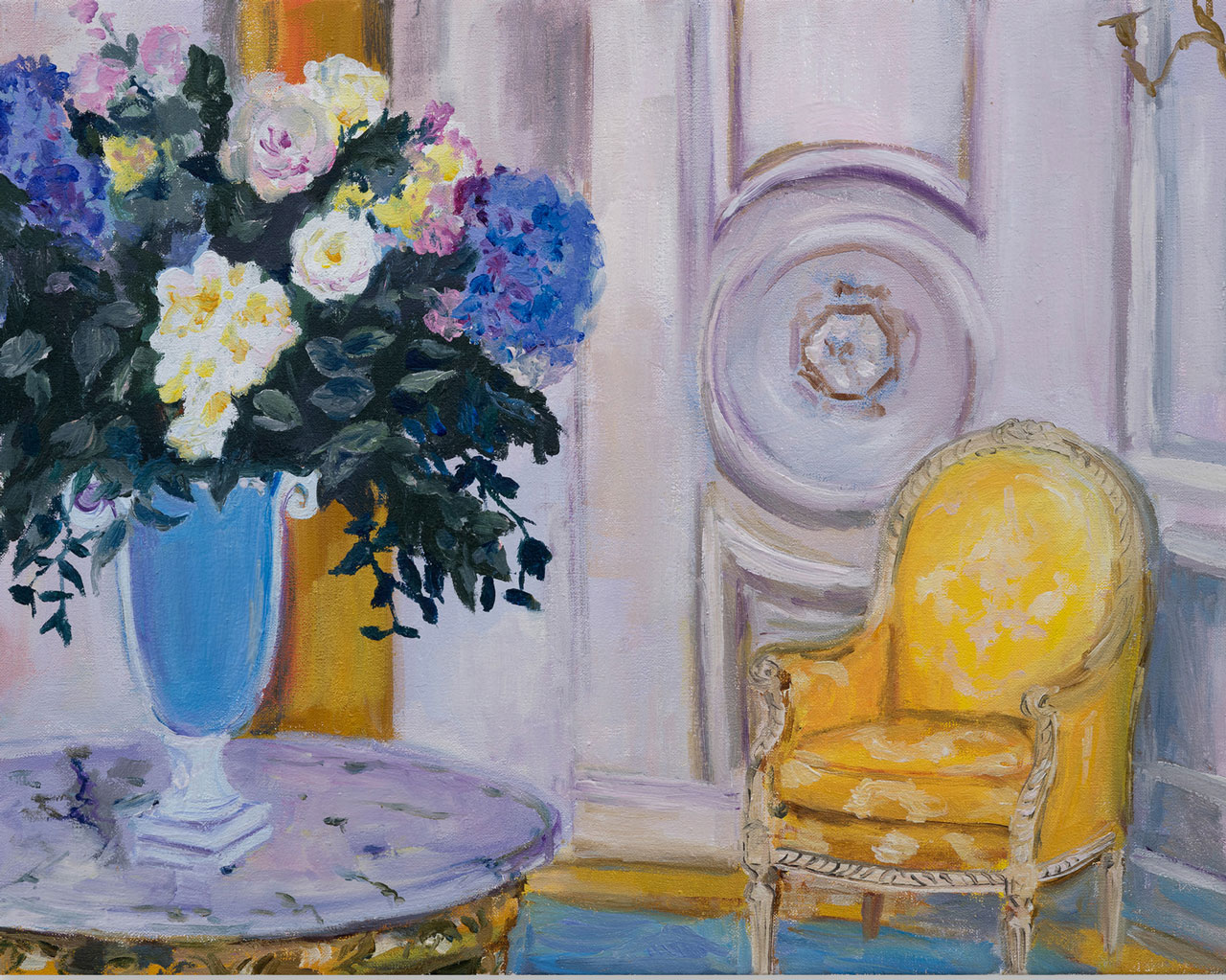 Karen Kilimnik, Hotel de Paris, the royal suite foyer 1940’s the Riviera or 1830’s France 2015, Water soluble oil color on canvas, 28.5 x 35.5 cm / 11 1/4 x 14 in, © Karen Kilimnik, Courtesy the artist and Galerie Eva Presenhuber