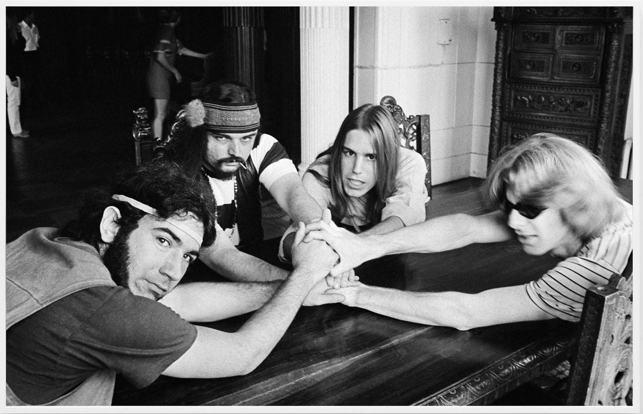 Ron Rakow, Jerry Garcia, Pigpen, Bobby Weir, and Phil Lesh, Montreal, Canada, 1967 / 2026, archival giclée print, 32 5/8 x 50 5/8 x 2 inches (82.9 x 128.6 x 5.1 cm), Edition of 3, with 1 AP, © Ron Rakow, courtesy of the artist and David Kordansky Gallery