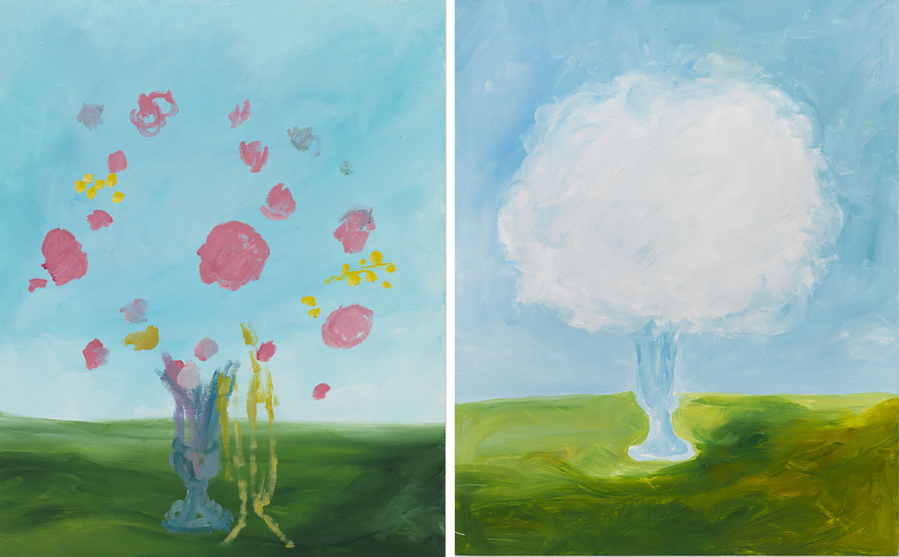 Left: Karen Kilimnik, the flower bouquet by the juggler magician, 2026, Water soluble oil color on canvas, 51 x 40.5 cm / 20 x 16 in, © Karen Kilimnik, Courtesy the artist and Galerie Eva Presenhuber Right: Karen Kilimnik, flower shop, Mt Olympus, 2026, Water soluble oil color on canvas, 51 x 40.5 cm / 20 x 16 in, © Karen Kilimnik, Courtesy the artist and Galerie Eva Presenhuber