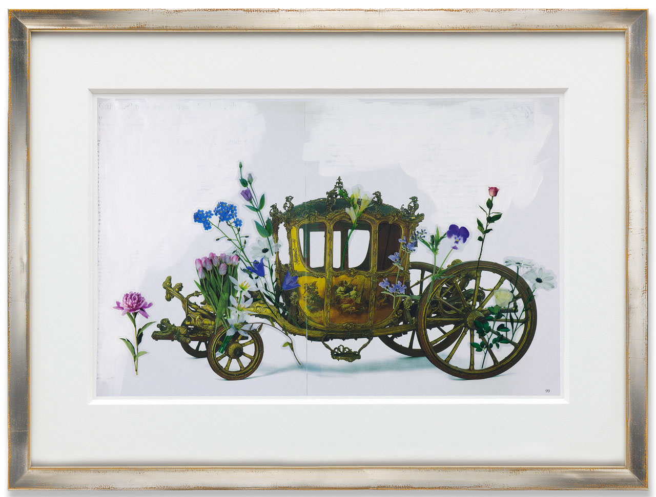 Karen Kilimnik, the elven carriage of gold, 2025, Collage with adhesive stickers and acrylic on color xerox, Sheet 28 x 43 cm / 11 x 17 in, Frame 42 x 57 cm / 16 1/2 x 22 1/2 in, © Karen Kilimnik, Courtesy the artist and Galerie Eva Presenhuber