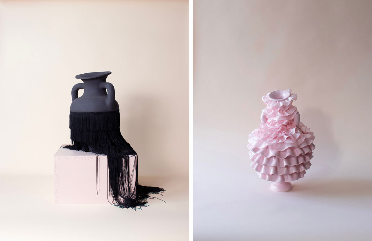 Left: Fanny Ollas, Iridescent, 2026, Glazed stoneware, glass beads, Ca 50x30 cm, © Fanny Ollas Right: Fanny Ollas, Fringes, 2025, Black stoneware clay, textile fringe, Ca 65x35 cm, © Fanny Ollas