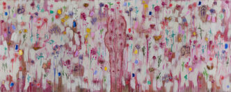 Joan Snyder, Femmes et Fleurs, 2026, Oil, acrylic, paper mache, twigs, dried flowers, glitter, ink, paper, coloured pencil on linen in two parts, 147.3 × 365.8 cm (58 × 144 in), © Joan Snyder, courtesy the artist and Thaddaeus Ropac Gallery