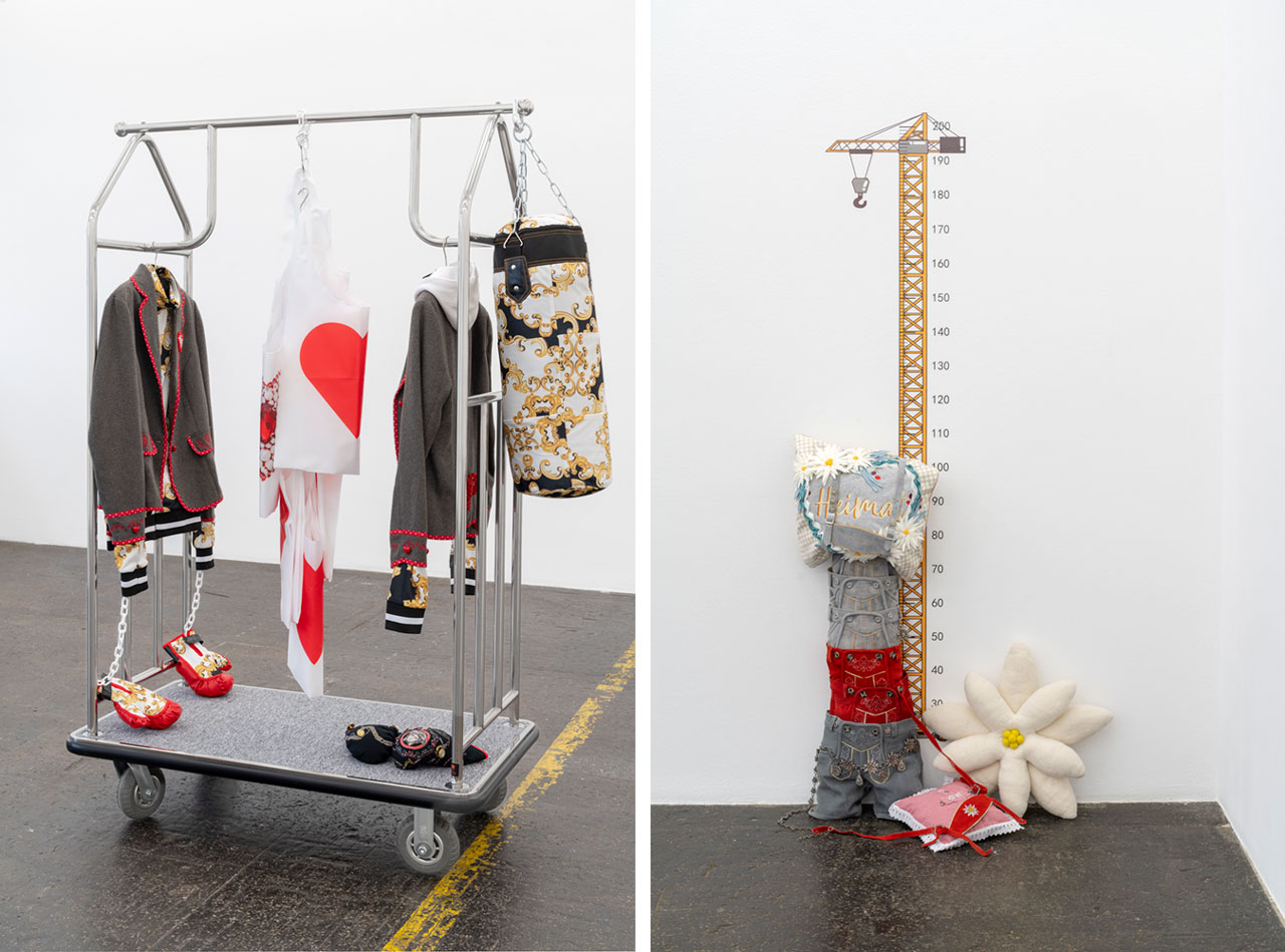 Left: Chalisée Naamani, Love and Ornament, 2025. Photo: Kunst Halle Sankt Gallen, E. Sommer. Courtesy: the artist and Ciaccia Levi, Paris/Turin Right: Chalisée Naamani, Born to Be Growth, 2025. Photo: Kunst Halle Sankt Gallen, E. Sommer. Courtesy: the artist and Ciaccia Levi, Paris/Turin