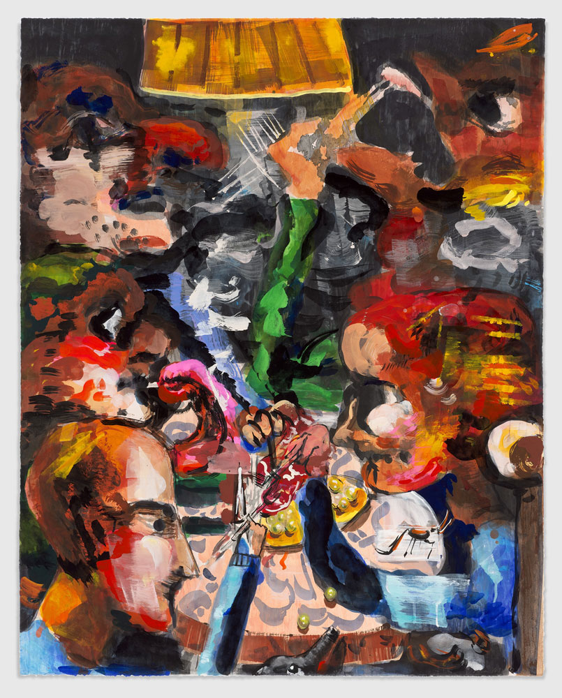 Dana Schutz, Eaters, 2026, Watercolor monotype with handwritten additions in gouache and chalk on Lanaquarelle paper, 126,7 x 101 cm, Courtesy the artist, Two Palms, Contemporary Fine Arts, Berlin - Basel, and David Zwirner, Photo: Stephen Arnold