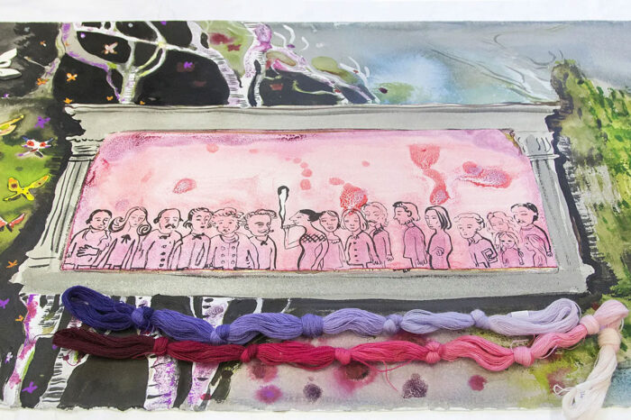 Detail of the George tapestry installation –“Tribute to George Sand” – Françoise Pétrovitch – Cité internationale de la tapisserie – Aubusson 2026, © Zoé Forget