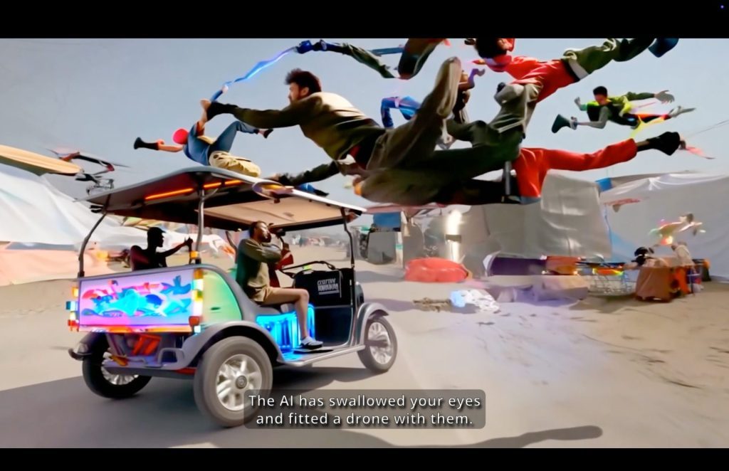 Hito Steyerl, Mechanical Kurds (Still(, 2025, Single-channel HD video installation (color, sound), Duration: 13 min, © Hito Steyerl, Courtesy the artist and MACRO (Museo d'Arte Contemporanea di Roma)