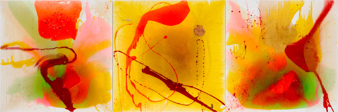 Helen Marden, Spring, 2025, Resin, shells, and glass on linen, in 3 parts, overall: 50 × 150 inches (127 × 381 cm), © Helen Marden/Artists Rights Society (ARS), New York. Photo: Maris Hutchinson, Courtesy the artist and Gagosian